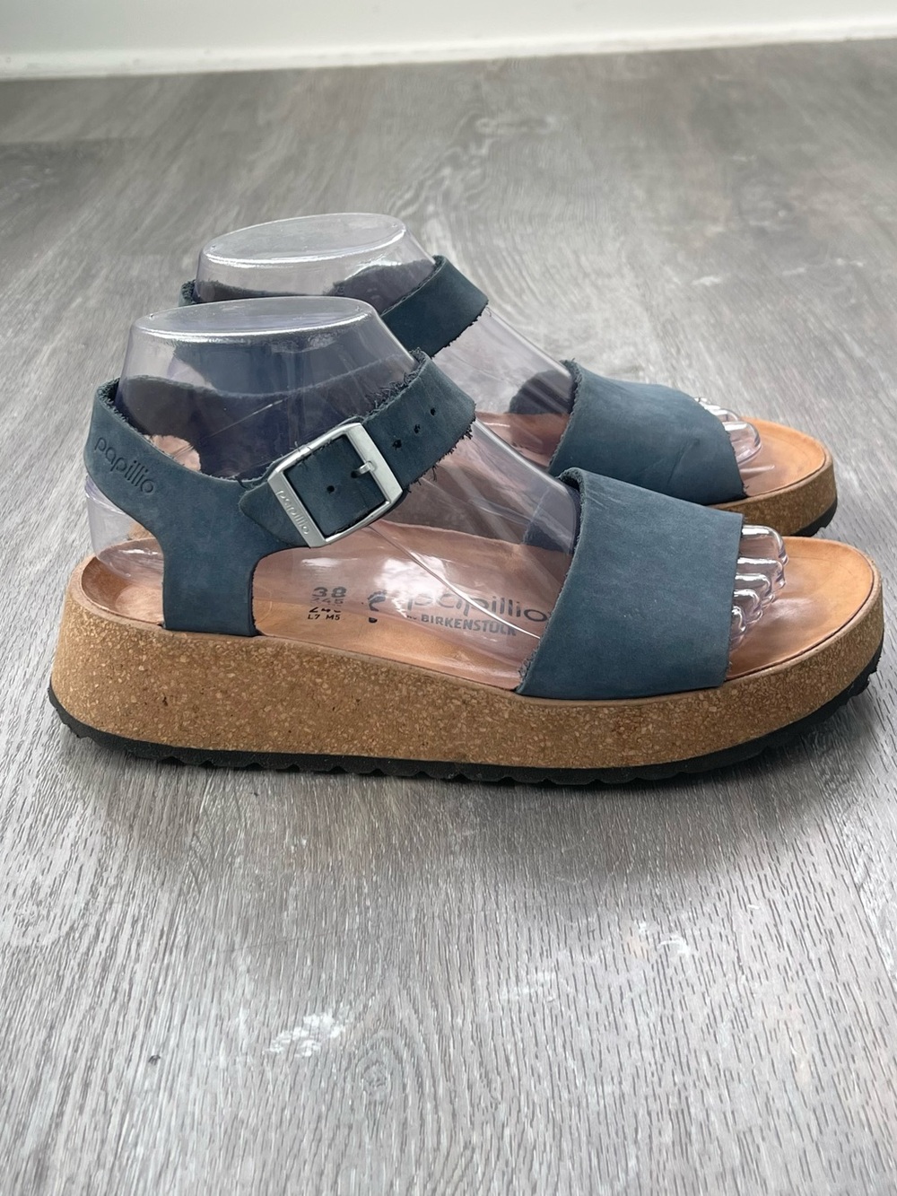 Papillio by Birkenstock Glenda Blue Nubuck Leather Platform Sandals Size 38